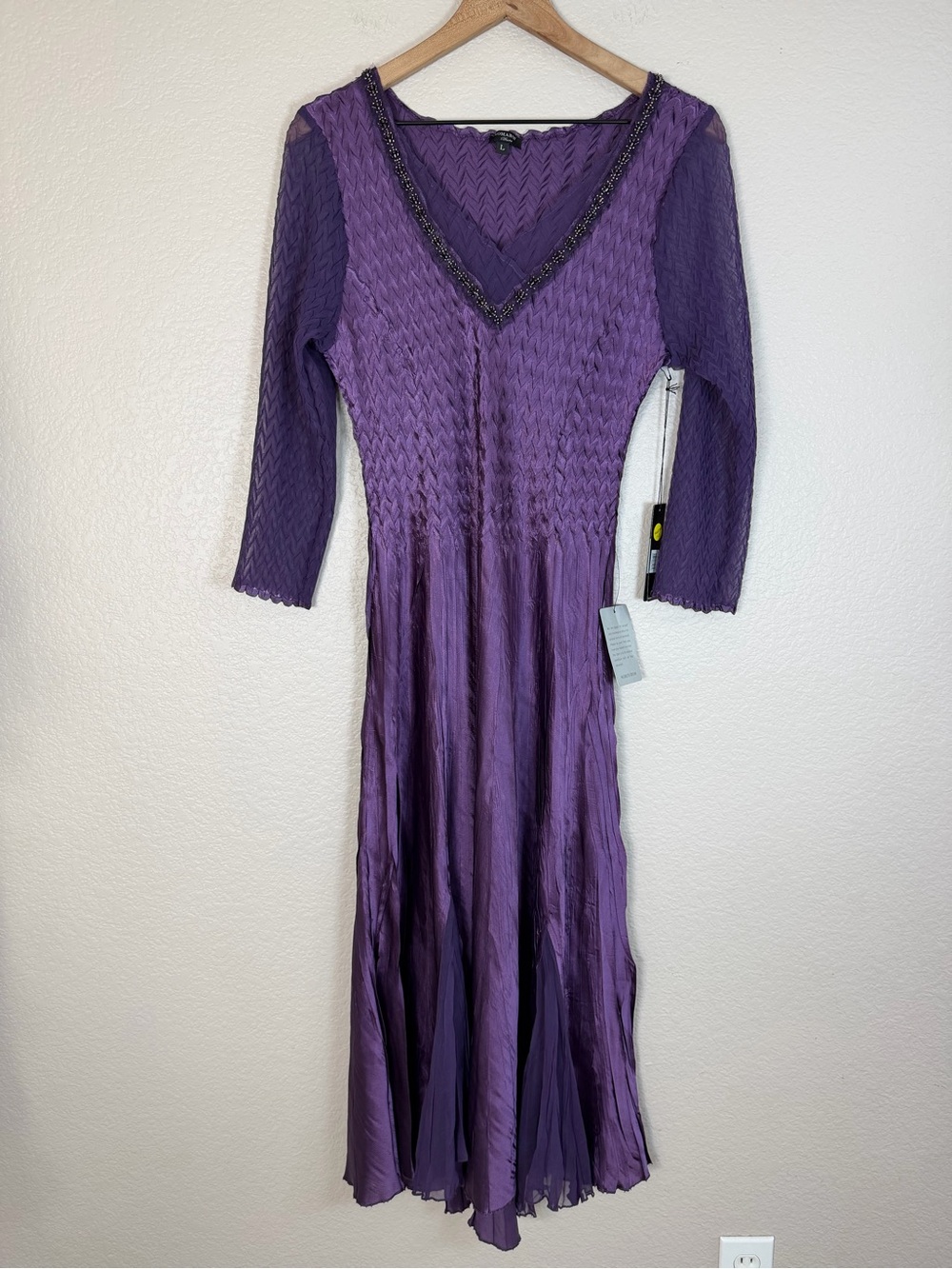Komarov Beaded Neck Chiffon Charmeuse Midi Dress Purple Large NEW $335